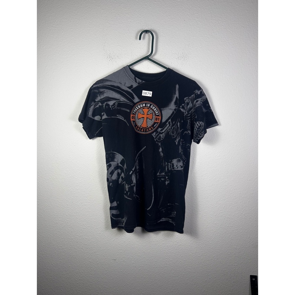 Kerusso Jesus Biker Shirt Men Medium Black Tee All Over AOP Iron Cross Y2K